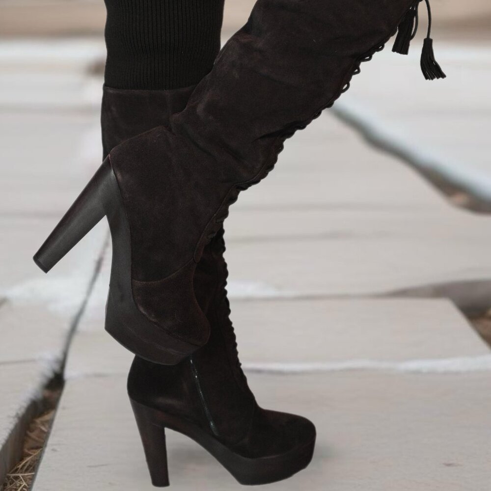 Madison Harding Dark Brown Suede Platform Knee-High Boots - Size 8